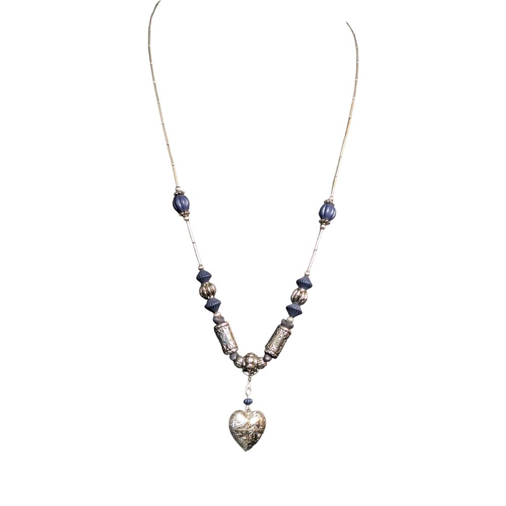 Etched Silver Tone Puffed Heart Dangle Pendant Blue Bead Bugle Bead 24" Necklace